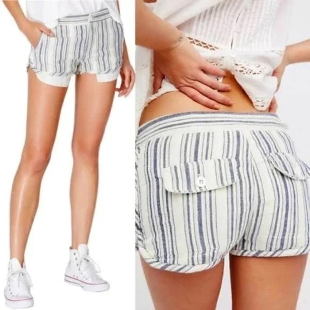 Free People Striped Linen Blend Shorts Size 4 Blue Cream Boho